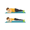 Fat woman training in plank position, successful weight loss concept, before and after Royalty Free Stock Photo