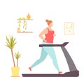 Fat woman on a treadmill doing cardio exercises at home. Weight loss. Healthy lifestyle. Vector illustration in hand drawn flat