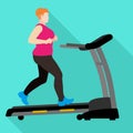 Fat woman treadmill icon, flat style