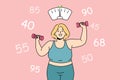 Fat woman wants to lose weight and become slimmer by doing fitness in gym and lifting dumbbells Royalty Free Stock Photo