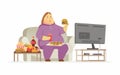 Fat woman watching TV - cartoon people character isolated illustration Royalty Free Stock Photo