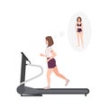 Fat woman wearing fitness apparel running on treadmill. Female cartoon character performing cardio training on exercise