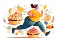 Fat woman wears sports clothes, pushes away delicious food while running.