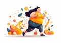 Fat woman wears sports clothes, pushes away delicious food while running.