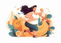 Fat woman wears sports clothes, pushes away delicious food while running.