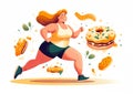 Fat woman wears sports clothes, pushes away delicious food while running.