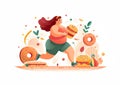 Fat woman wears sports clothes, pushes away delicious food while running.