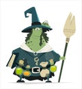 Fat woman witch vector character standing with broom and book