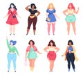 Fat women. Charming plus size woman in fashionable casual clothes set, sexy models curvy body positive, happy lovely