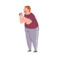 Fat Young Man Eating Burger, Obese Person Enjoying of Fast Food Dish, Unhealthy Diet and Lifestyle Vector Illustration Royalty Free Stock Photo