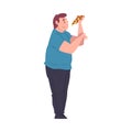 Fat Young Man Eating Pizza, Side View of Obese Guy Enjoying of Fast Food Dish, Unhealthy Diet and Lifestyle Vector