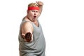 Fat young man making a gesture pointing to himself isolated on white background Royalty Free Stock Photo