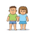 Fat young man and woman. Fat couple. Unhealthy food and human body. Sad overweight couple. Colorful flat vector