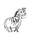 Fat zebra funny. Cheerful wild animal. A comical character. Outline sketch. Hand drawing is isolated on a white