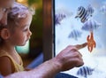 Father, aquarium and girl pointing at starfish for learning, curiosity or knowledge, bonding and nature. Dad, fishtank Royalty Free Stock Photo