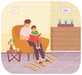 Father in armchair reading book to his son. Boy smiling and sitting on his dad s lap in living room