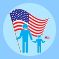 Father with baby on a background of the American flag.