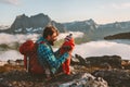 Father and baby family travel vacations with kids hiking in mountains