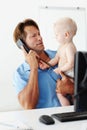 Father, baby and phone call for remote work in home with multitasking, connectivity and communication. Man, young male Royalty Free Stock Photo