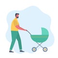 Father with baby on a walk. Young man with a green baby stroller. People icon Royalty Free Stock Photo