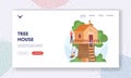 Father Build Treehouse Landing Page Template. Family Spend Time all Together. Children Playing at Wooden House on Tree Royalty Free Stock Photo