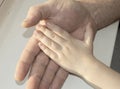 The father carefully holding in his hand the hand of a child. Happy family, care and love, father`s day