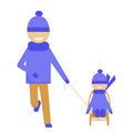 The father carries the child in a sled.