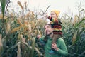 Father carries little son in his shoulders and walk across yellow autumn corn field. Fall season concept. Family exploring nature