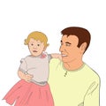 Father Carrying Daughter On His hands. Father`s Day hand drawn illustration isolated on white. Family, Parent, Offspring, Love, Royalty Free Stock Photo