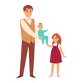 Father carrying daughter twins and sisters kids together vector character relationship. Happy parenting cartoon love Royalty Free Stock Photo