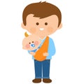 Father carrying his baby in a sling. Vector illustration