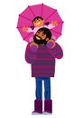 Father carrying his little daughter on shoulders. Happy family under an umbrella. Cartoon vector.