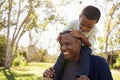 Father Carrying Son On Shoulders As They Walk In Park Royalty Free Stock Photo