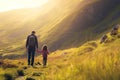 Father and child with backpacks admiring scenic view of spectacular Irish nature. Breathtaking landscape of Ireland. Hiking by