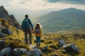 Father and child with backpacks admiring scenic view of spectacular Irish nature. Breathtaking landscape of Ireland. Hiking by