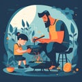 Father and child cooking grilling: A delicious and mouth-watering illustration of a father and child bonding over food