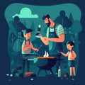 Father and child cooking grilling: A delicious and mouth-watering illustration of a father and child bonding over food