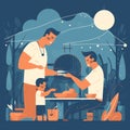 Father and child cooking grilling: A delicious and mouth-watering illustration of a father and child bonding over food