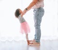 Father, child and dance in ballet tutu for fun, bonding and artistic expression with love and care in childhood. Dancer Royalty Free Stock Photo