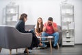 Father and child daughter with girl discussing problems in family with family psychologist. Discussion of family Royalty Free Stock Photo