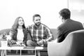 Father and child daughter with girl discussing problems in family with family psychologist. Discussion of family Royalty Free Stock Photo