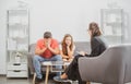 Father and child daughter with girl discussing problems in family with family psychologist. Social worker counseling Royalty Free Stock Photo