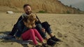 Father child enjoy beach nature. Young family playing toy on sea shore sand. Royalty Free Stock Photo