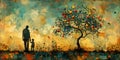 Father and child with fruit tree painting, great for ideas of growth and nurturing. Postcard for the day of the father.