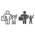 Father and child with gift line and solid icon, children holiday concept, adult man with present for child sign on white