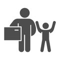 Father and child with gift solid icon, children holiday concept, adult man with present for child sign on white