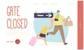 Father with Child Late for Plane Boarding Landing Page Template. Worried Man and Girl Run with Bags to Closed Gates