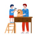 Father and son making birdhouse in carpentry workshop a vector illustration.