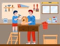 Father teaching son making birdhouse in carpentry workshop a vector illustration