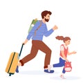Father with child with suitcase and passport in a hurry trying to get his flight or train. Worried man and girl run with
